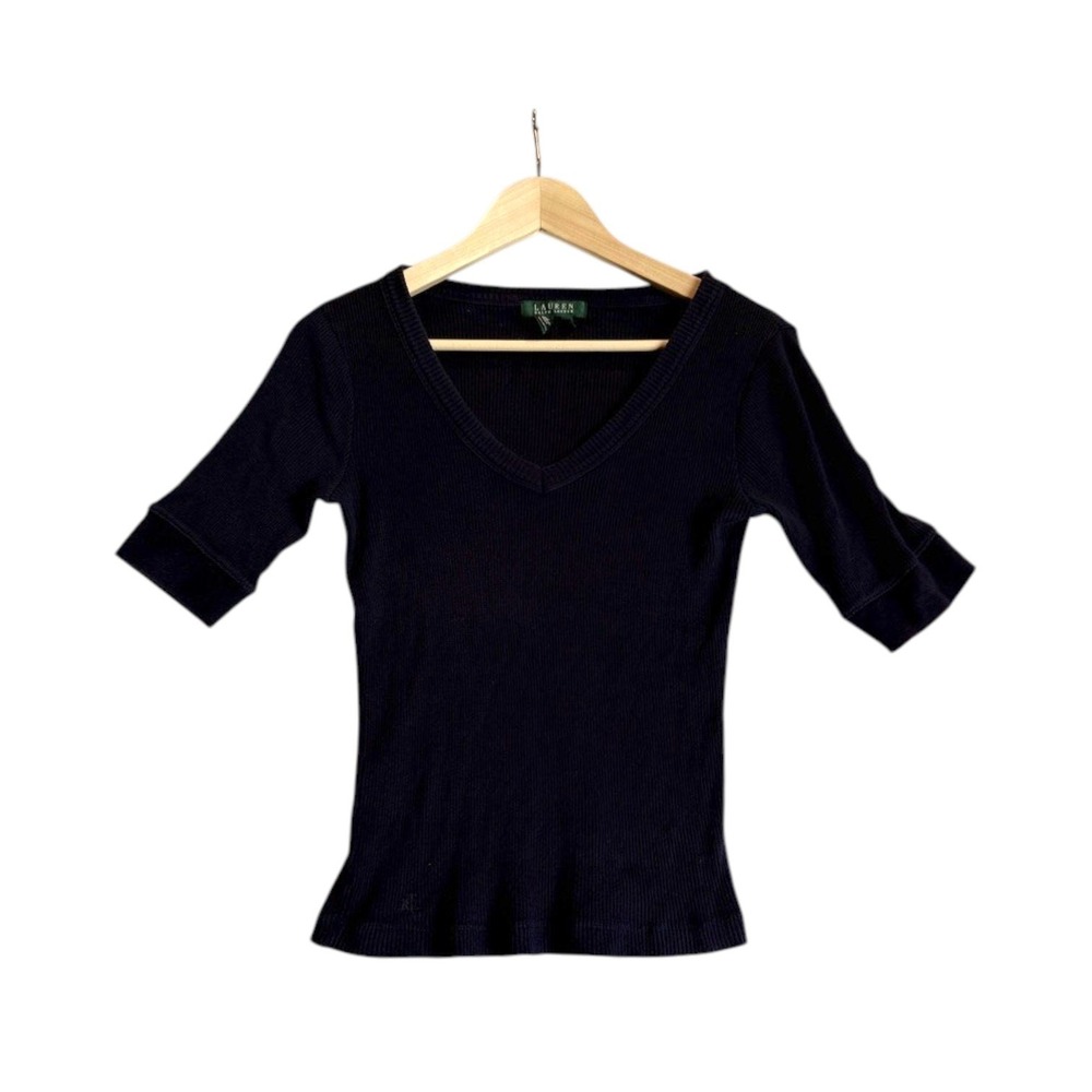 Lauren Ralph Lauren V-Neck Top Women M Navy Blue Ribbed Knit Short Sleeve